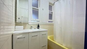 Hair dryer, towels, soap, toilet paper