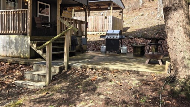 Eine Hütte mit Terrasse, Grill und Feuerstelle.