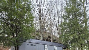 Eine rustikale Holzhütte mit Metalldach und Holzwänden, umgeben von Bäumen und einer gepflasterten Auffahrt.