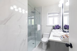 Douche, séchoir à cheveux, serviettes fournies, savon
