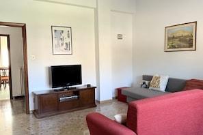 Ein Wohnzimmer mit Fernseher auf einer Holzkassette, ein graues Sofa mit rotem Kissen und einem gerahmten Bild an der Wand.