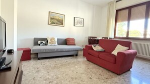 Una sala de estar con un sofá gris, un sofá rojo, un televisor y dos cuadros en la pared.