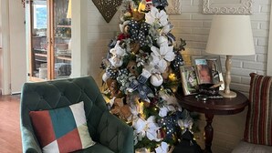 A living room with a Christmas tree, a green armchair, a lamp, and a bed. - St. Andrew House 3 (Centro Gramado)