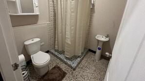 Un baño pequeño con inodoro, cortina de ducha, lavamanos y una alfombra pequeña.