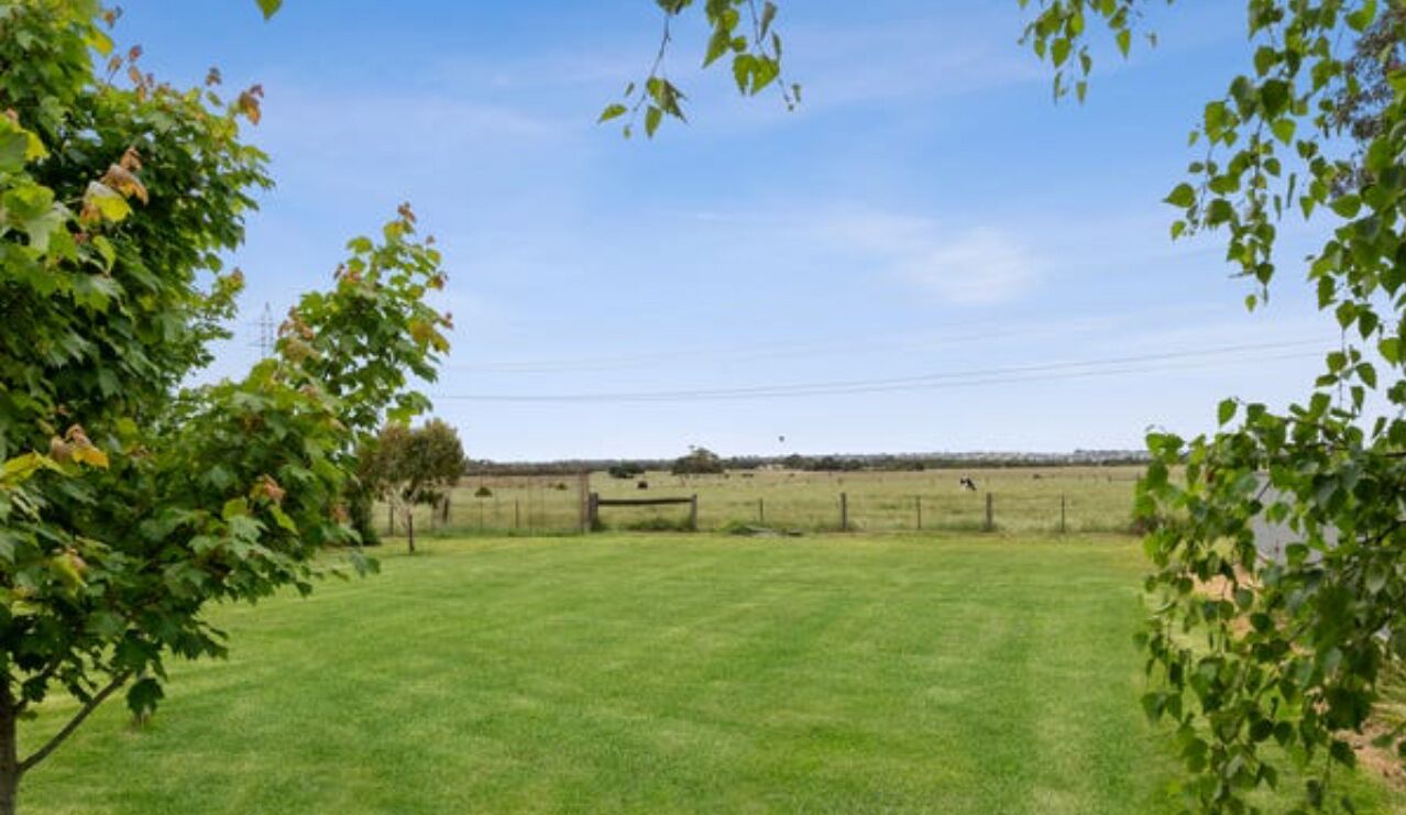 A grassy field with a fence and trees in the foreground.