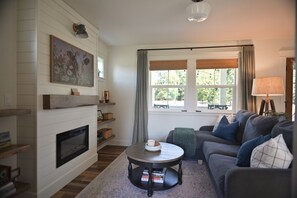 Smart TV, fireplace, DVD player, books