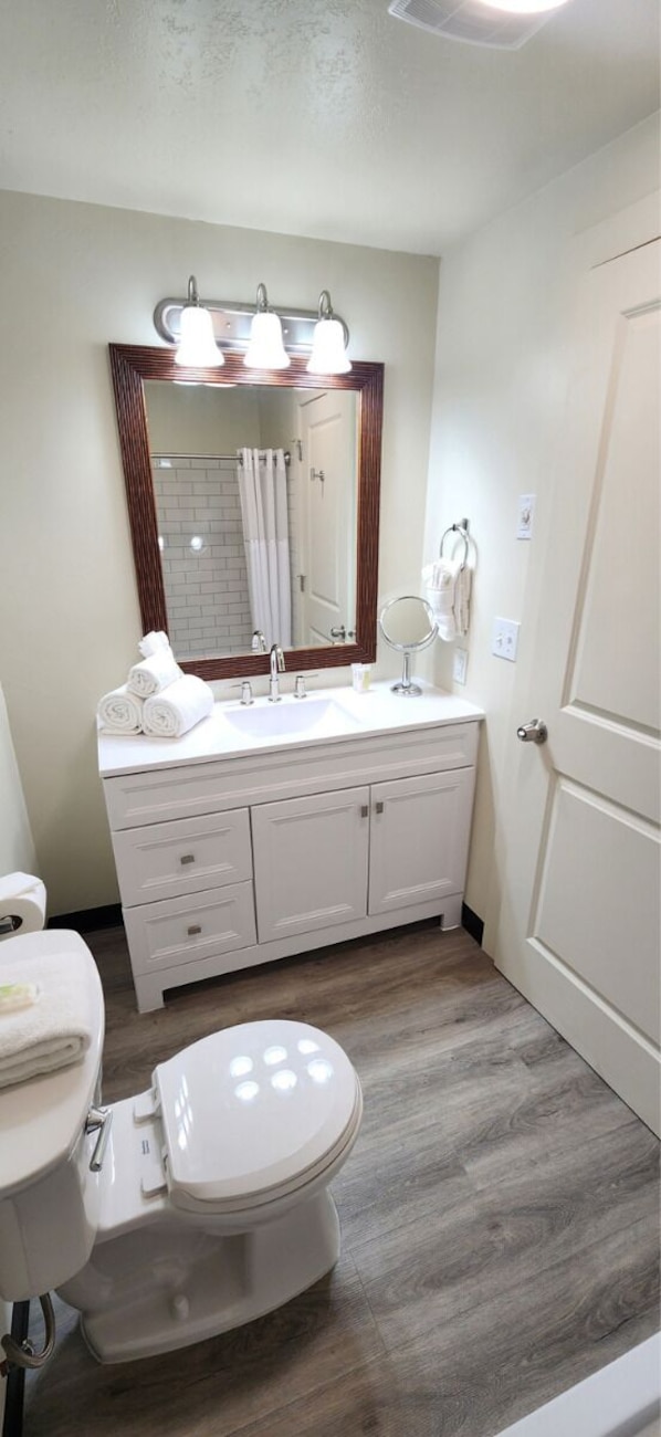 A bathroom with a white sink, mirror, and toilet.