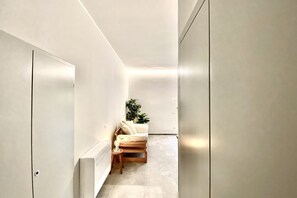 Un corridoio stretto dal design minimalista, con un divano, un tavolino e una pianta sullo sfondo.