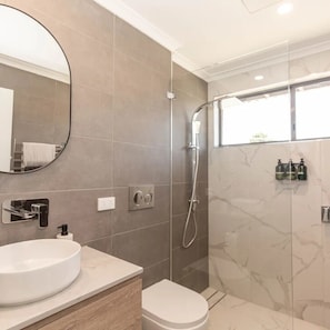 Shower, hair dryer, towels, soap