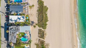 Vue aérienne d’une propriété située en bord de mer, dotée d’une piscine, d’un accès à la plage et de palmiers.