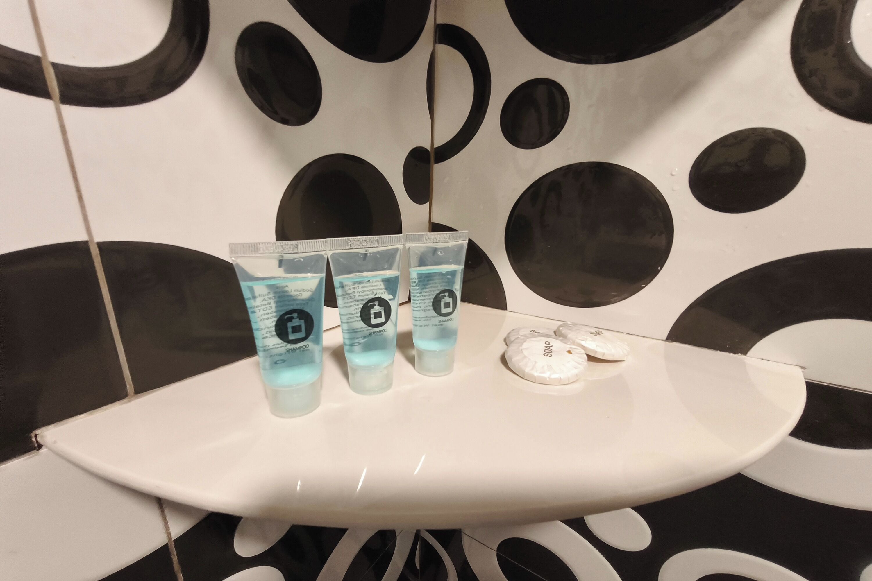 Une salle de bain avec un lavabo blanc, trois bouteilles de shampoing et un porte-savon.