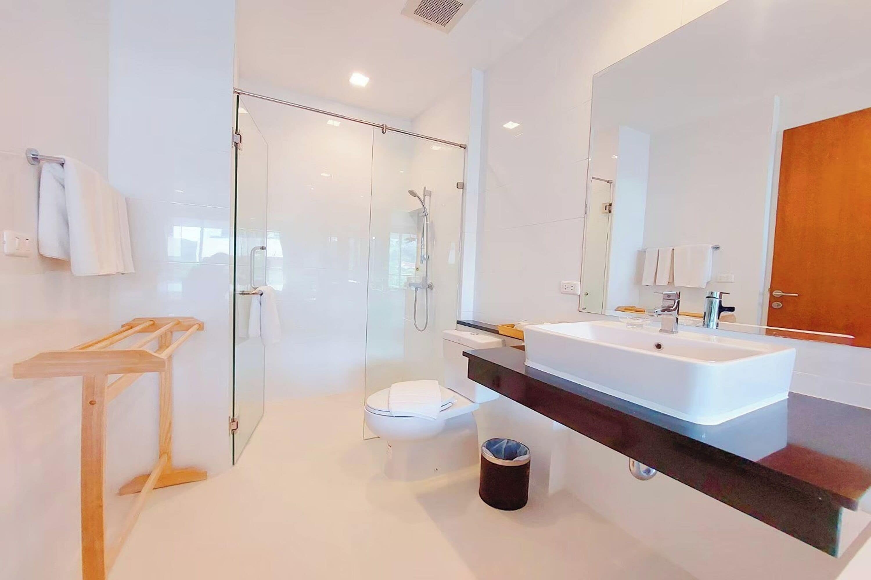 A modern bathroom with a glass shower enclosure, a white toilet, a large white sink, and a wooden towel rack.
