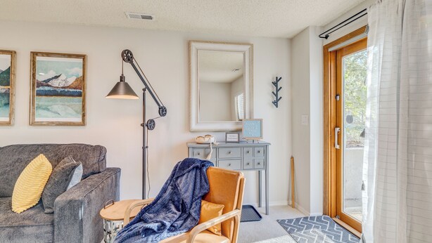 A cozy living room with a grey sofa, a wooden chair, a floor lamp, and a large mirror. - Charming 1-bdrm walkout basement suite with AC, WiFi in lovely Colorado Springs (Colorado Springs)