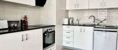 Fridge, microwave, oven, dishwasher