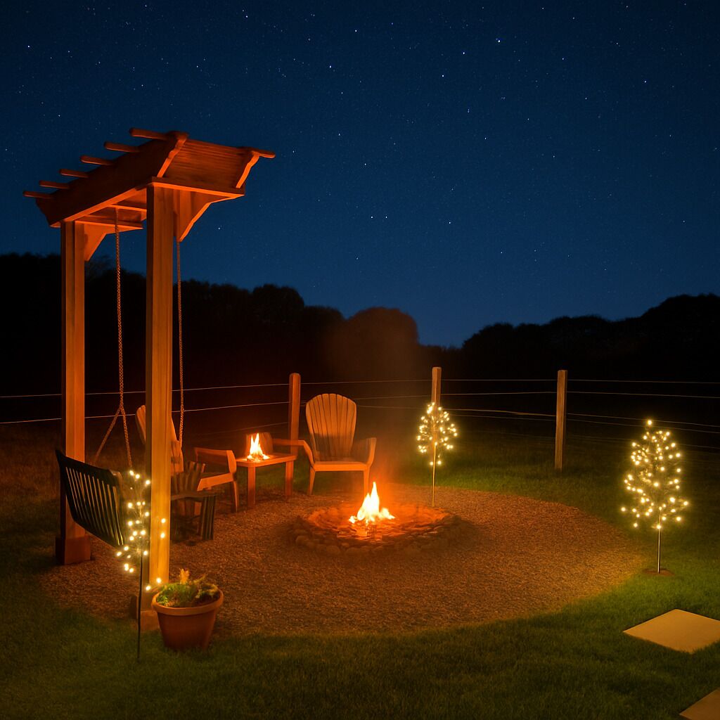 Firepit with adirondack chairs and a swing for stargazing and s'mores making at it's finest