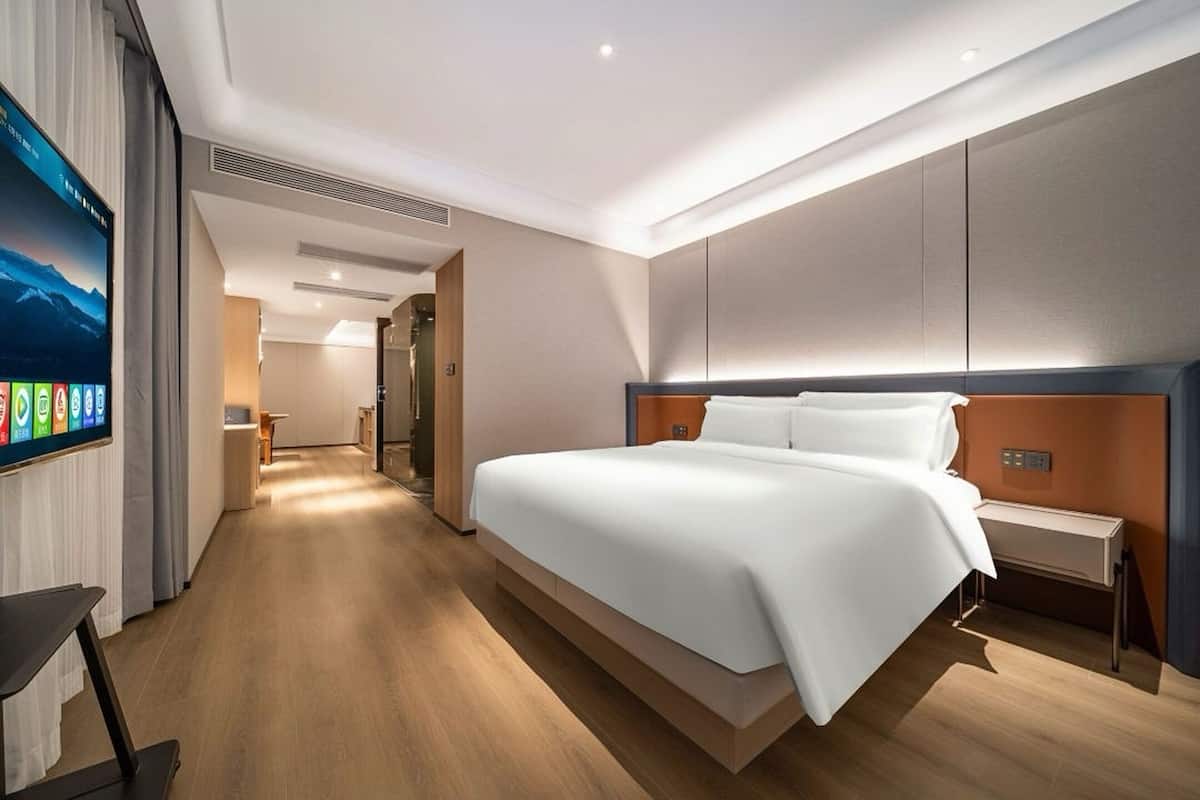 Una habitación de hotel moderna con una cama grande, una mesita de noche, un televisor montado en la pared y piso de madera.
