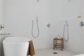 Hair dryer, towels, soap, toilet paper