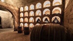 A cellar with wooden barrels, brick walls, and arched windows. - Winery Chabiant Hotel (Ismailli)