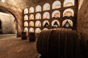 Un sótano con barriles de madera, paredes de ladrillo y ventanas en arco.