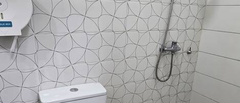 Hair dryer, towels, soap, toilet paper