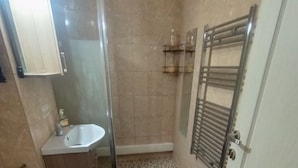 Une petite salle de bain comprenant des toilettes, un lavabo et un espace douche.