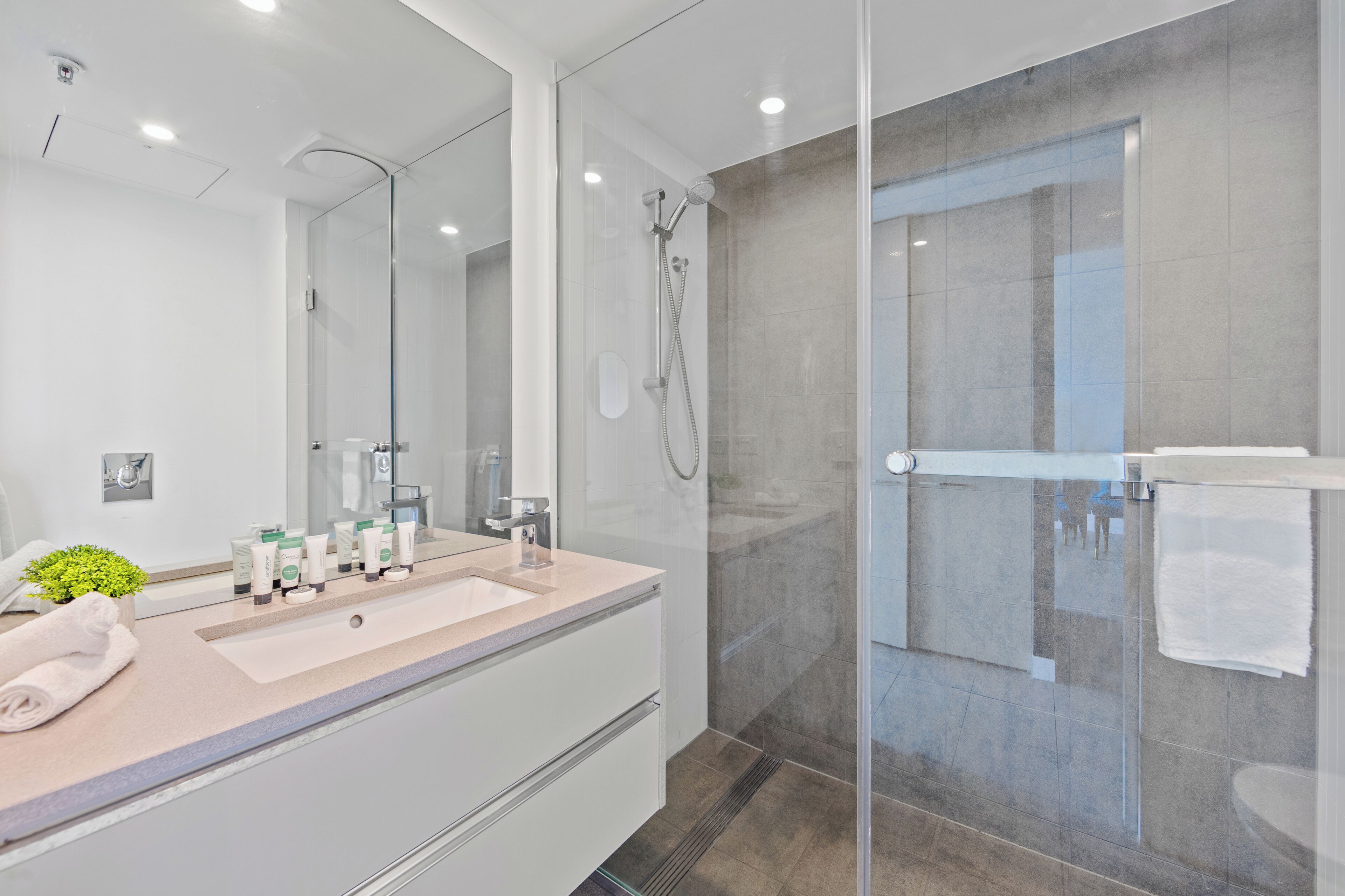 A modern bathroom with a glass shower enclosure, a large mirror, and a vanity with toiletries.