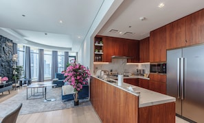 Superior Apartment, City View | Private kitchen | Full-sized fridge, microwave, oven, stovetop - Downtown Dubai | Walk to Dubai Mall + Burj Views (Dubai)