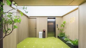 A hallway with a green carpet, a plant, and an elevator. - Beijing ZhongKuang Hotel (Beijing)