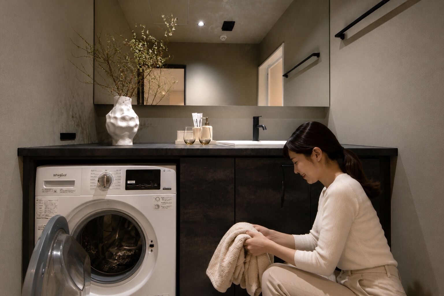 A compact laundry area with a front-loading Whirlpool washer, a vase with branches, and a mirror above the sink.
