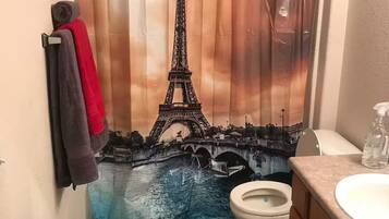 Hair dryer, towels, soap, toilet paper