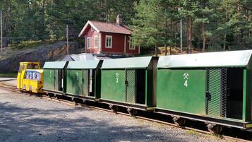 Un train composé de wagons de marchandises verts, numérotés de 1 à 4, d’une locomotive jaune et d’un bâtiment rouge en arrière-plan.