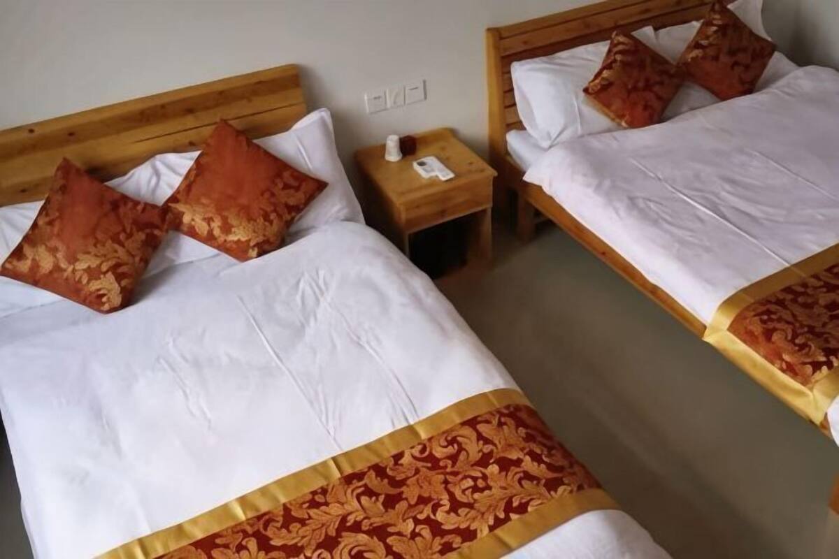 Deux lits avec des têtes de lit en bois, une literie blanche et des oreillers à motifs.