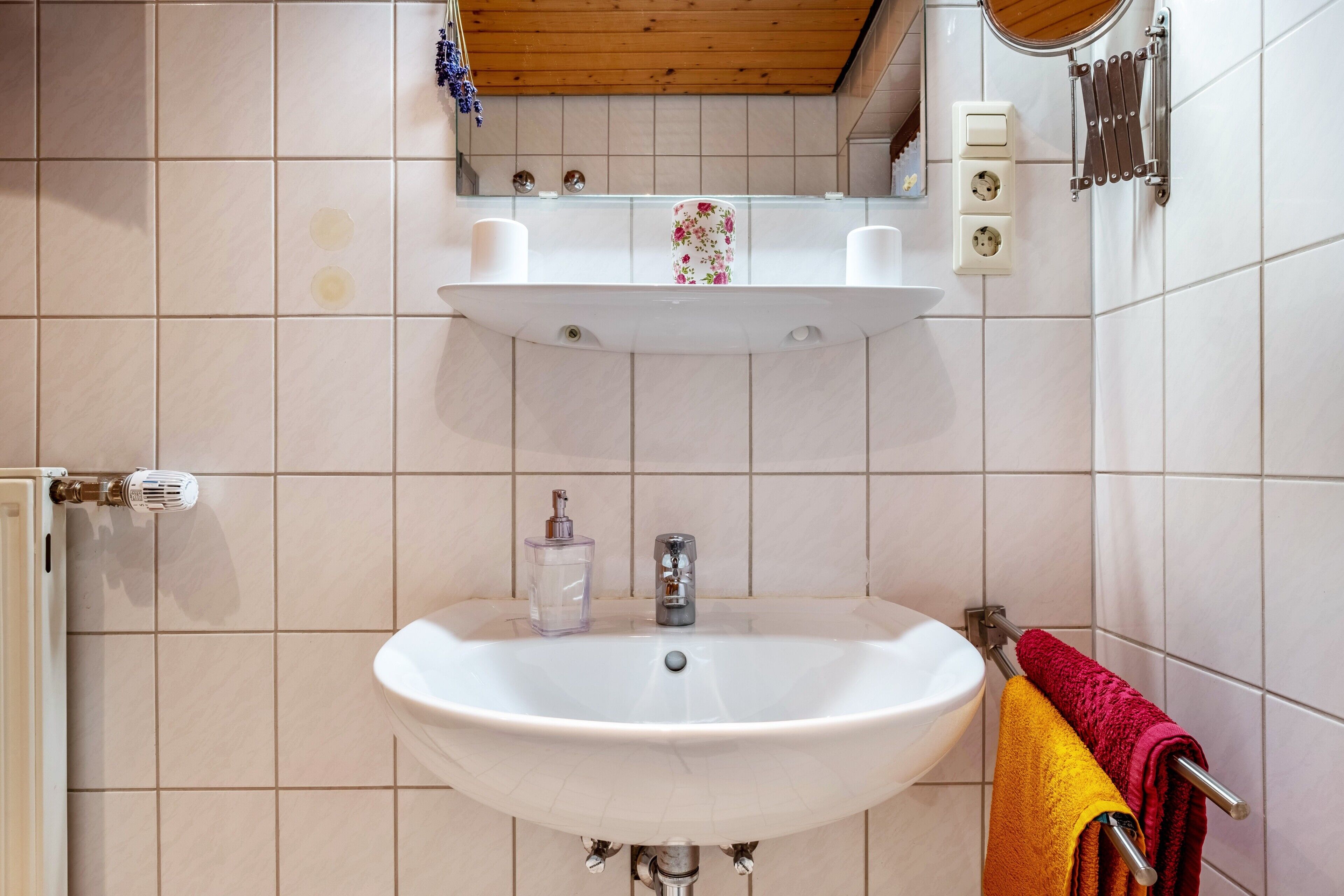 A bathroom with a white sink, a mirror, a towel rack, and a showerhead.