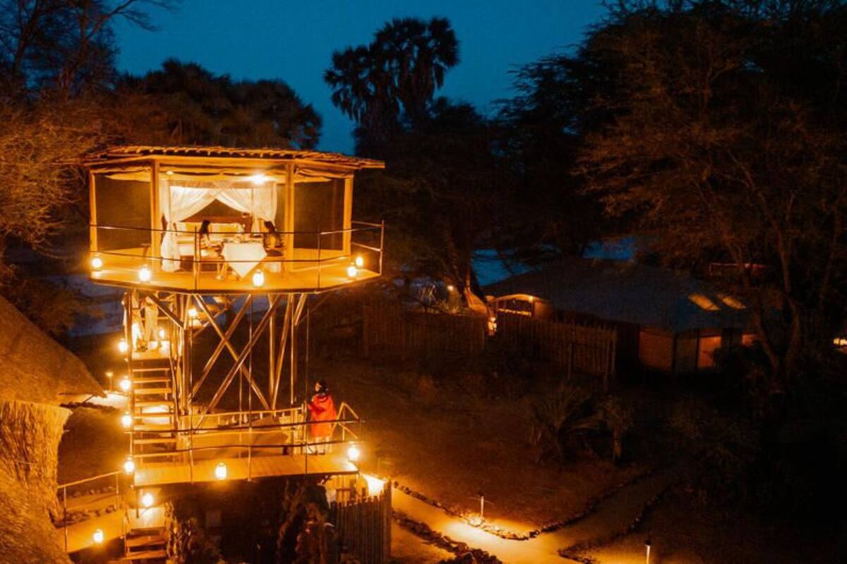 A treehouse with a bed and a small table, surrounded by lights and a staircase.