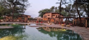 A serene outdoor pool area with stone pathways and seating arrangements, surrounded by trees and a building with a flat roof. - Soroi Samburu Lodge (Samburu)