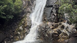 A waterfall cascading over rocky terrain surrounded by dense greenery. - Warm Country Side Home (Buxton)