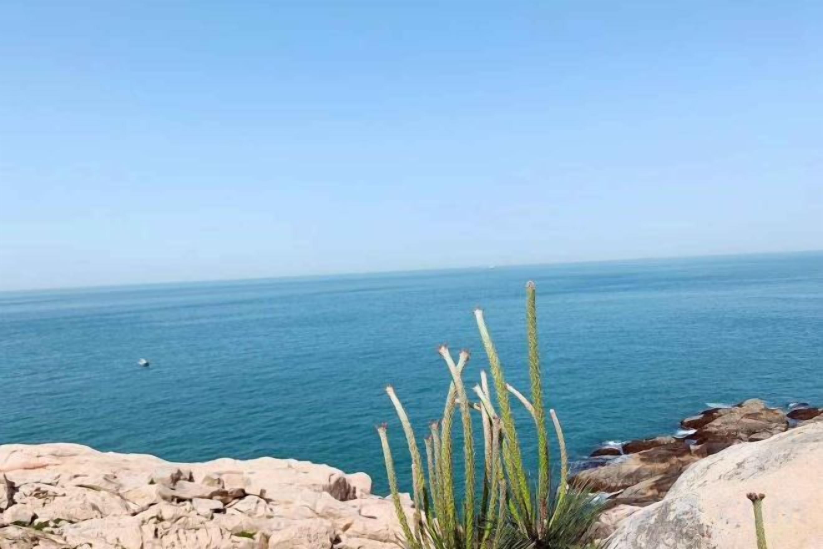 A coastal landscape with a clear view of the sea and rocky terrain.