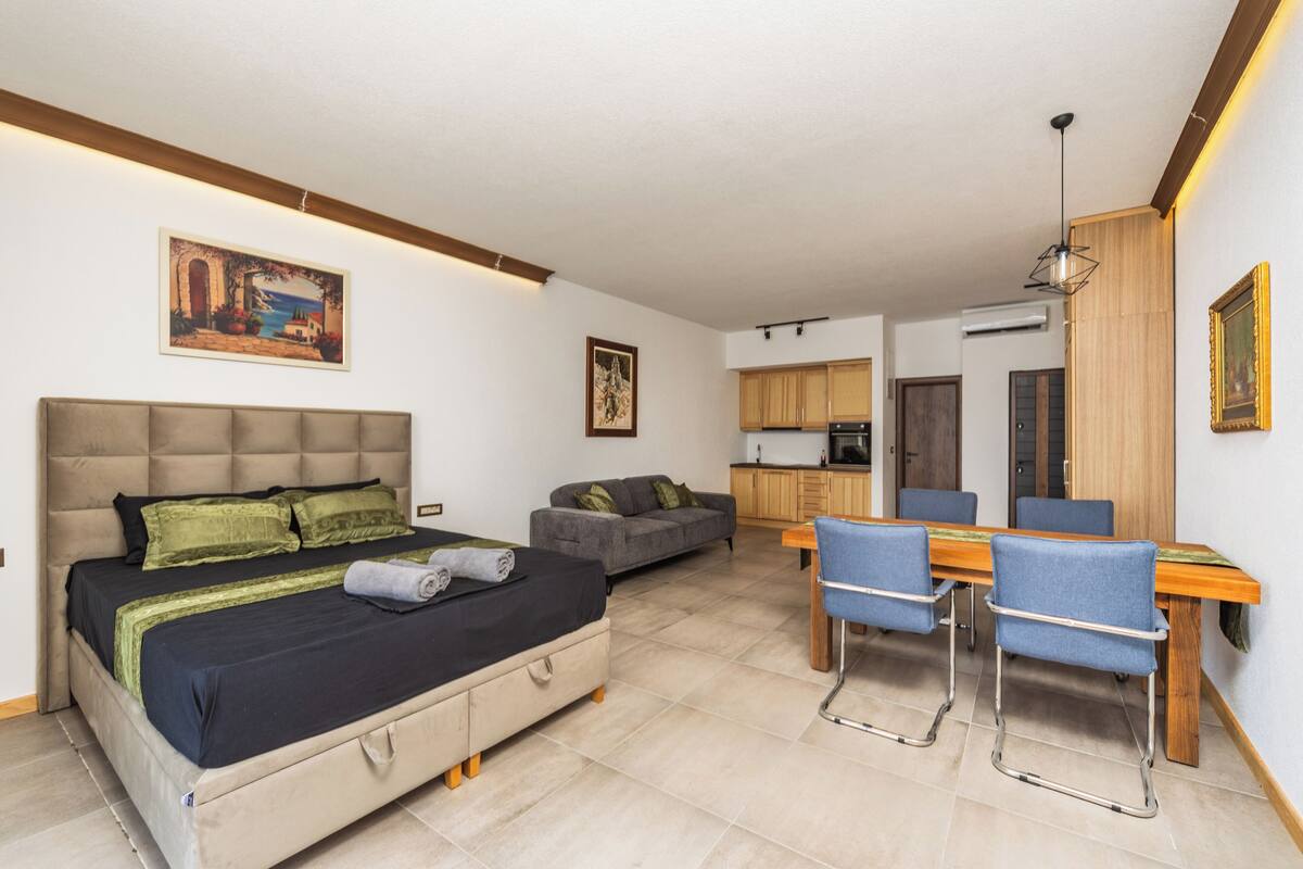 A bedroom with a bed, a sofa, a dining table with chairs, and a kitchen area.