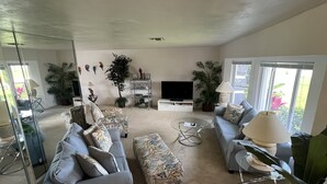 A modern living room with a sofa, ottoman, and coffee table, a TV, and several potted plants.