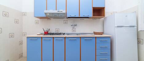 A kitchen with blue cabinets, a white refrigerator, and a gas stove.