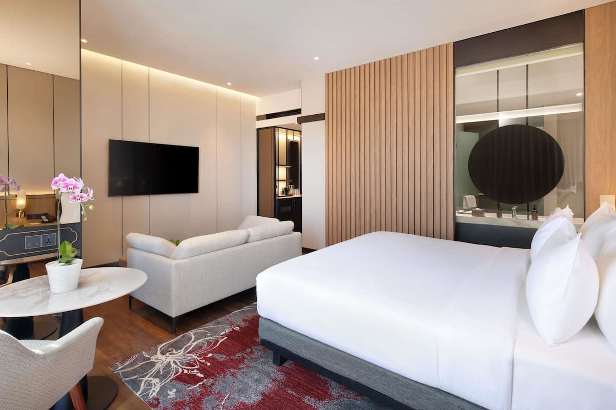 In-room safe, desk, laptop workspace, blackout curtains