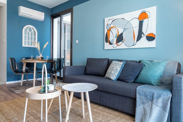 Apartment, 1 Double Bed with Sofa bed, Balcony, City View | Living area | 42-inch Smart TV with digital channels, streaming services - Hue 1-Bedroom Apartment in Larnaca (Larnaca)