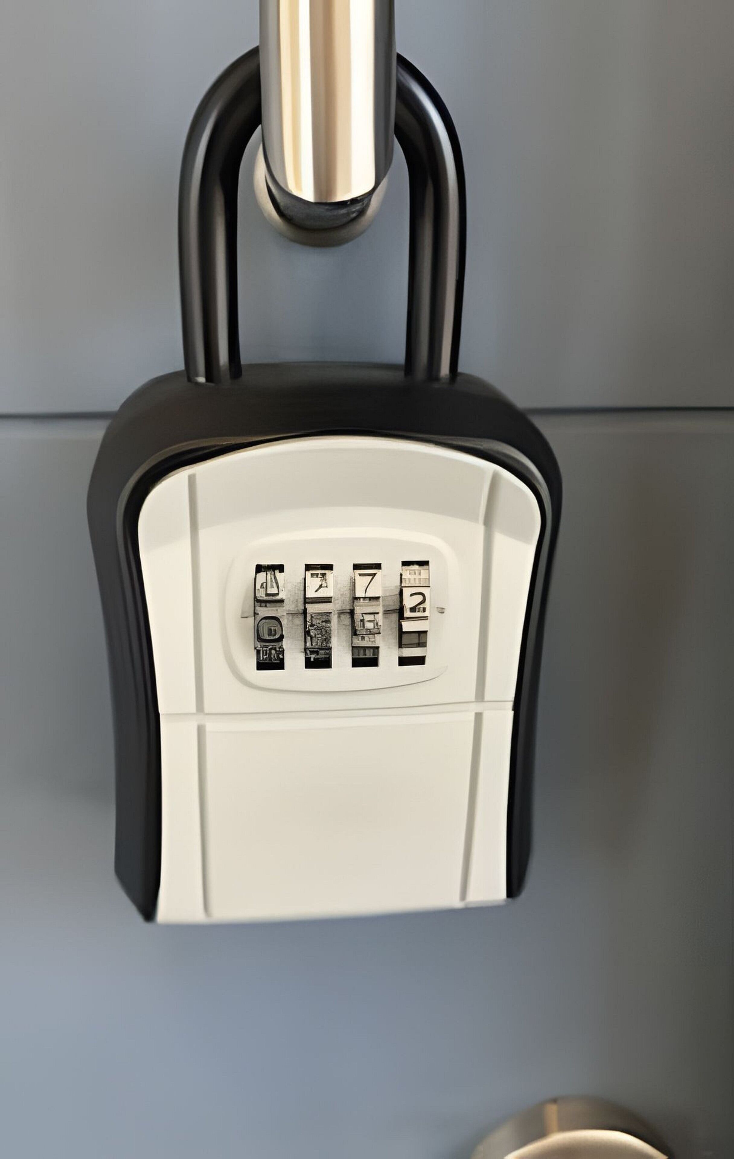 A keypad lock with a metallic handle and a black frame.