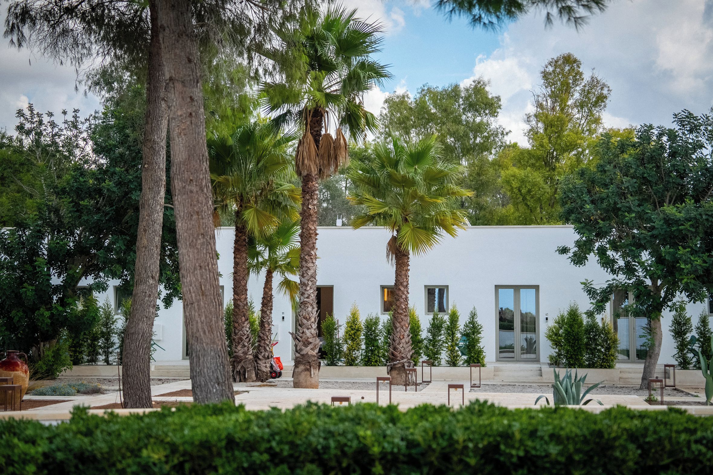 A modern building with a white exterior, surrounded by a variety of trees and shrubs.