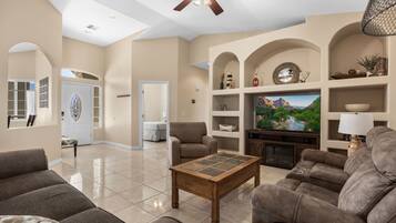 TV connectée, cheminée, livres