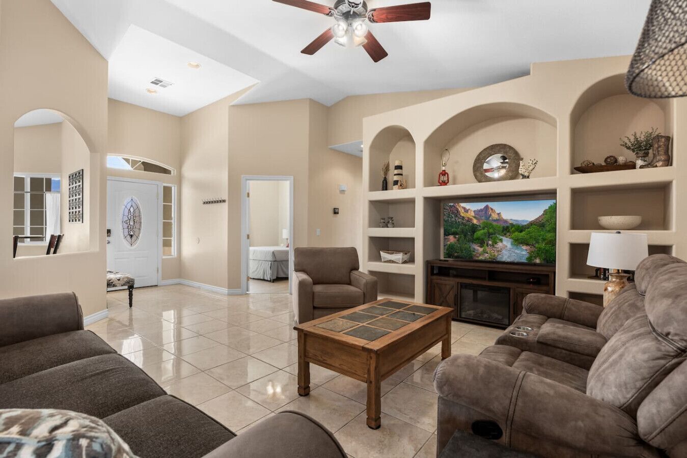 Smart TV, fireplace, books