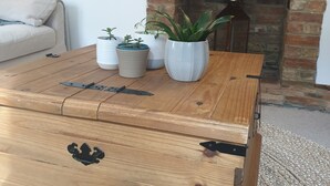 Una taula de veta amb plantes en testos, una llar de foc de rajola i un sofà en un saló.