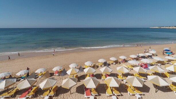 Une plage bordée de rangées de transats et de parasols, un rivage sablonneux et une mer d’un bleu limpide.