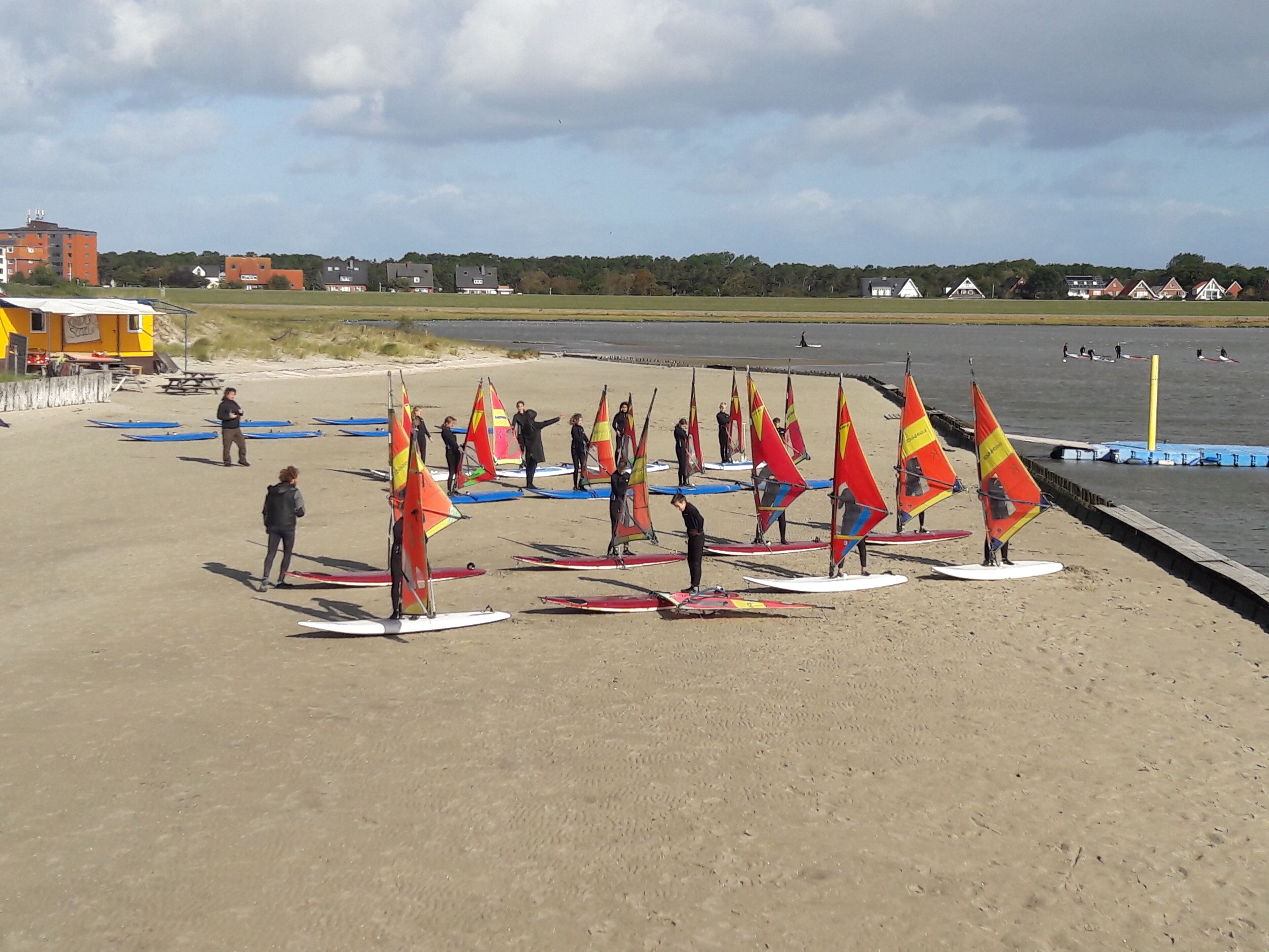 A beach with windsurfing equipment lined up and people standing around.