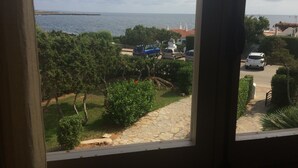 Uitzicht op de kust vanuit een raam, met daaronder een geplaveid gebied, geparkeerde auto's, groen en een verre waterpartij.